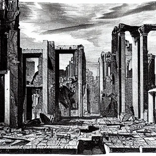 Image similar to the ruins of an old overgrown city at the end of times painting by de chirico