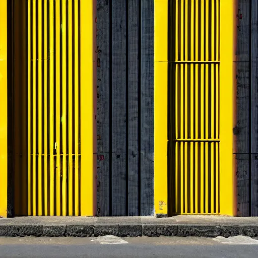 Prompt: Taiwan small alleyway corrugated aluminium roller shutter doors, concrete rendering, concrete poles with yellow and black diagonal thick warning lines for the scooters