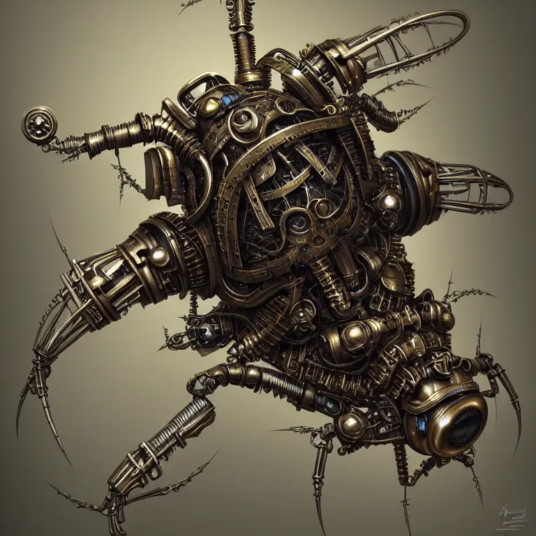 Image similar to steampunk cybernetic biomechanical fly, 3 d model, unreal engine realistic render, 8 k, micro detail, intricate, elegant, highly detailed, centered, digital painting, artstation, smooth, sharp focus, illustration, artgerm, tomasz alen kopera, wlop