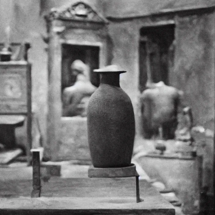 Image similar to an object on display in an ethnographic museum, film still, cinematic, enhanced, 1 9 2 0 s, black and white, grain