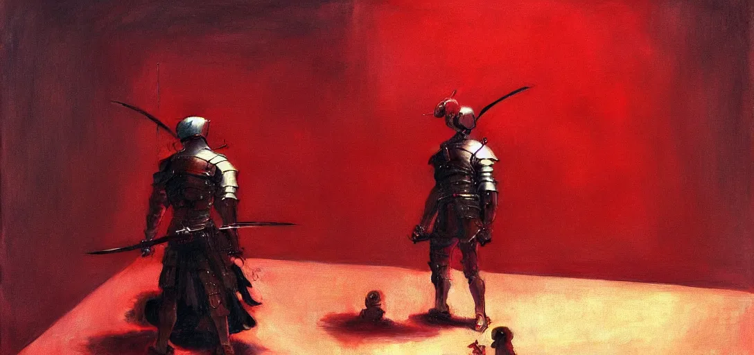 Image similar to only with red, a white samurai cyborg, tokio, a lot of swords, in the style of beksinski, parts by edward hopper, parts by rodcenko, parts by yue minjun, intricate and epic composition, red by caravaggio, insanely quality, highly detailed, masterpiece, red light, artstation, 4 k