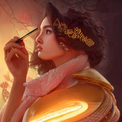 Prompt: a churro treat with wedding rings D&D, intricate, elegant, highly detailed, digital painting, japanese , altered carbon style, trending on artstation, unreal engine 5, octane render, redshift, concept art, art by Artgerm and Greg Rutkowski and Alphonse Mucha
