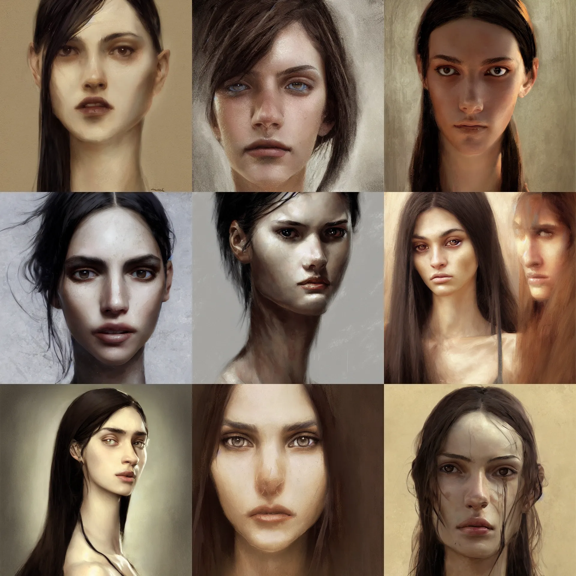 Prompt: digital art painting of a skinny 2 0 years old white skin young latino woman, long black straight hair, small straight nose, strong defined jaw, brown eyes painted by craig mullins and gaston bussiere and greg rutkowski, symmetrical facial features, symmetrical face, defined facial features, dramatic lighting, close up