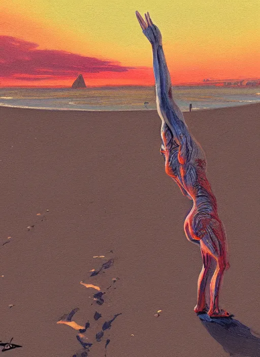 Image similar to semi reallistic gouache gesture painting, by Moebius, online artists, detailed anime 3d render of a reptilian alien on San Francisco Beach, at sunset, portrait, cgsociety, artstation, rococo mechanical, Digital reality, dieselpunk atmosphere, gesture drawn