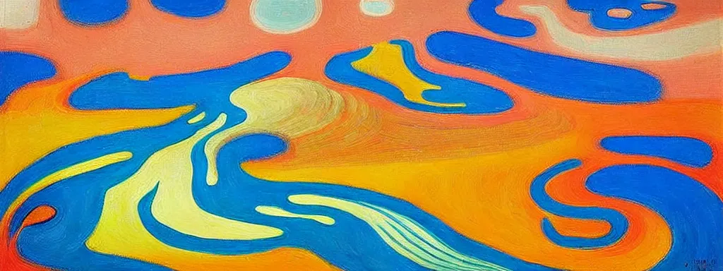 Image similar to Psychedelic sci-fi dreamworld. Landscape painting. Organic. Winding rushing water. Waves. Clouds. Landscape by Wayne Thiebaud. Matisse.