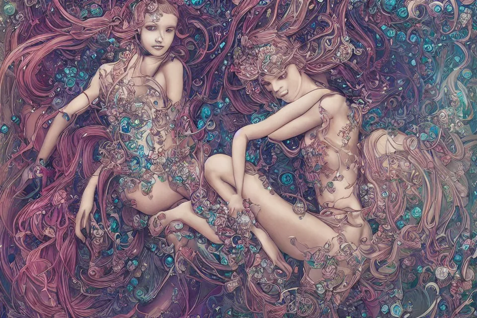 Image similar to collection of beautiful celestial females exposed in cryo chamers , by James Jean, intricate, elegant, highly detailed, centered , vivid color, digital art