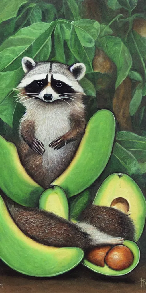 Image similar to painting raccoon in field of avocado,