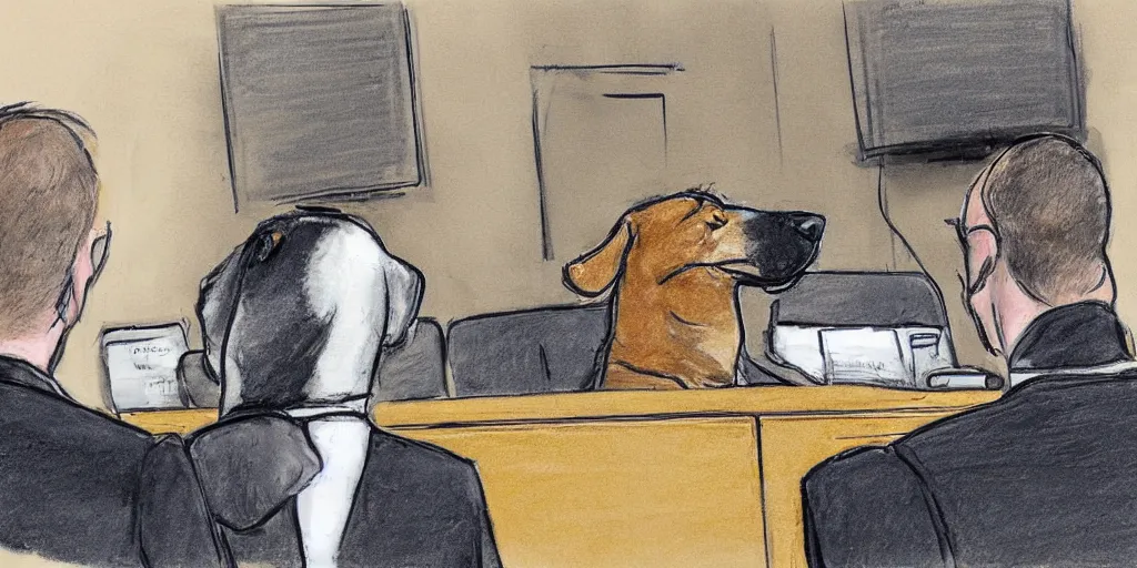 Image similar to a dog in a suit cross-examining a mailman, courtroom sketch