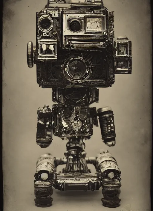 Image similar to old wetplate daguerreotype portrait of futuristic cute little robot, dubbel negative exposure, explosion of data fragments, fractal, intricate, elegant, highly detailed, parallax, leica, medium format, subsurface scattering, by jheronimus bosch and greg rutkowski and louis jacques mande daguerre