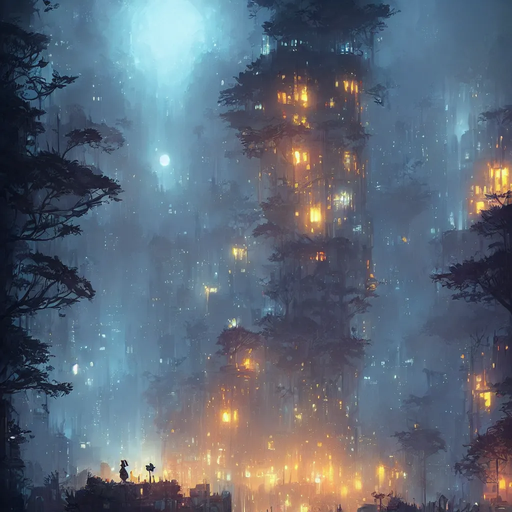 Prompt: city at night by a forest (Ori and the Blind Forest), digital painting, vivid colors, sharp render by Greg Rutkowski