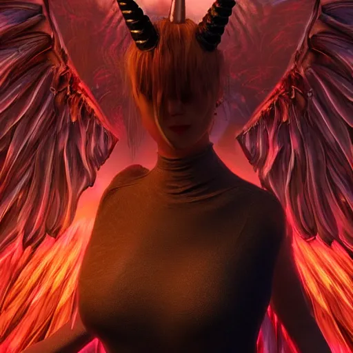 Image similar to woman - unicorn horn hybrid red angel - wings, stunning, realistic, fiery scenery, symmetric portrait, sparky metallic, unreal engine 5, cinematic lights, high detail, fantasy digital art, trending in artstation