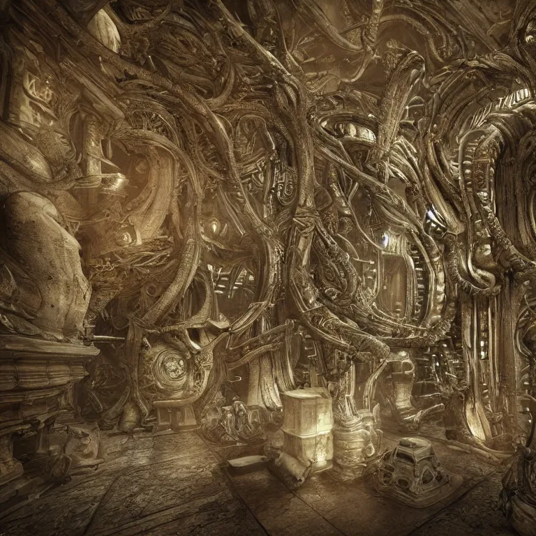 Image similar to old vintage photo of surreal alien extraterrestrial biomechanical temple interior beautiful detailed intricate insanely detailed 3D render digital art by Giger, octane render, unreal engine 5, 8K artistic photography, photorealistic