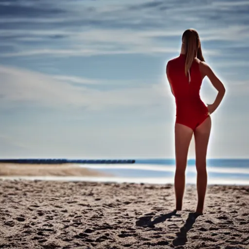 Image similar to beach lifeguard girl standing, cinematic, photo, 8k, highly detailed