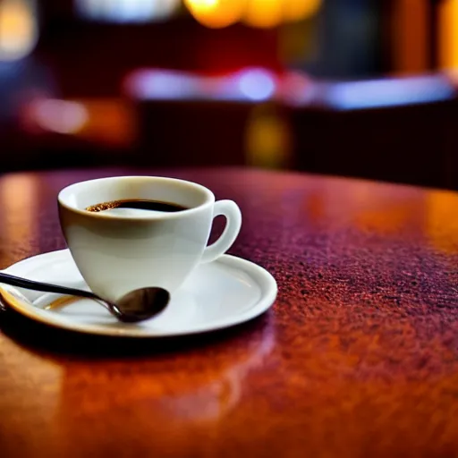 Prompt: realistic detailed photo of a steaming cup of coffee on a saucer with a flaky pastry on the side and a coffee spoon next to it on the table in a hotel lobby, liminal, hdr, volumetric lighting, dim light, diffuse light, depth of field