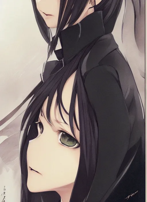 Image similar to luxury advertisement, medium close-up of a manga girl with a black trenchcoat by krenz cushart, Sasoura, Satchely and Akihiko Yoshida, black medium length Dutch bob cut hair with straight bangs, poster