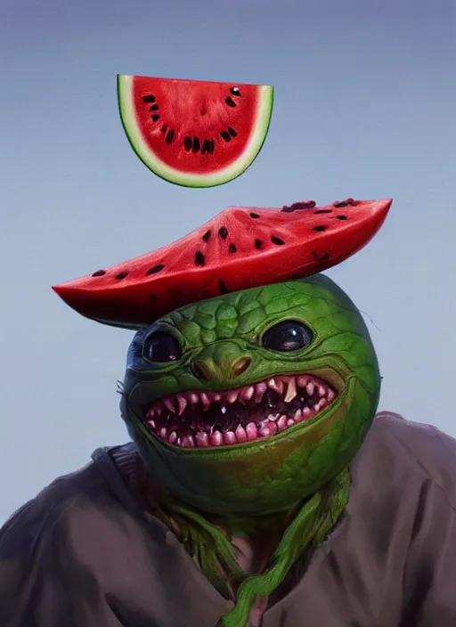 Prompt: hyper realistic photography portrait of smiling gremlin with a watermelon helmet cinematic, greg rutkowski, brom, james gurney, mignola, craig mullins, artstation, cgsociety