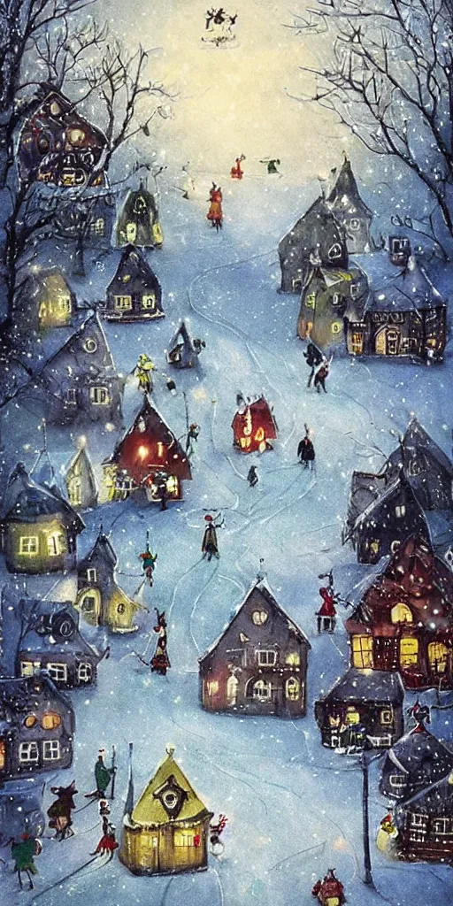 Prompt: a christmas ice skating village scene by alexander jansson