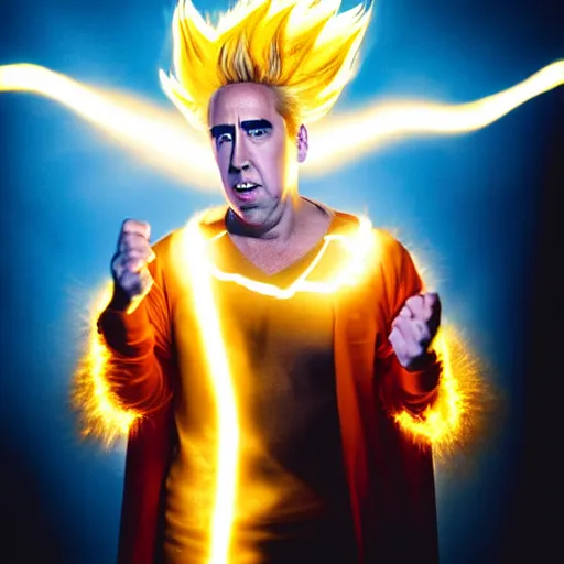 Prompt: uhd candid photo of cosmic nicholas cage impersonator as a super sayian powering up, glowing, global illumination, studio lighting, radiant light, hyperdetailed, correct face, elaborate intricate costume. photo by annie leibowitz