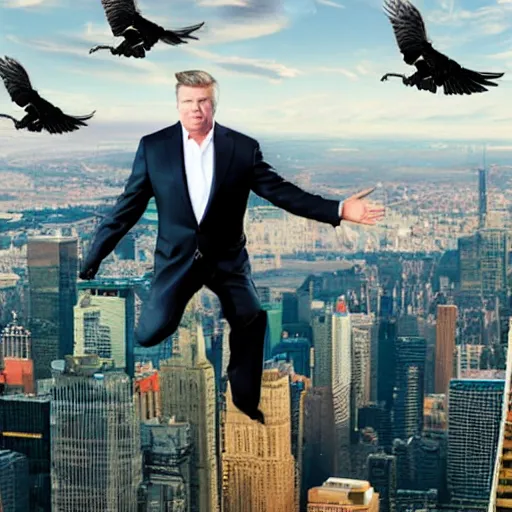 Image similar to alec baldwin on a giant eagle flying high in a sky, photo