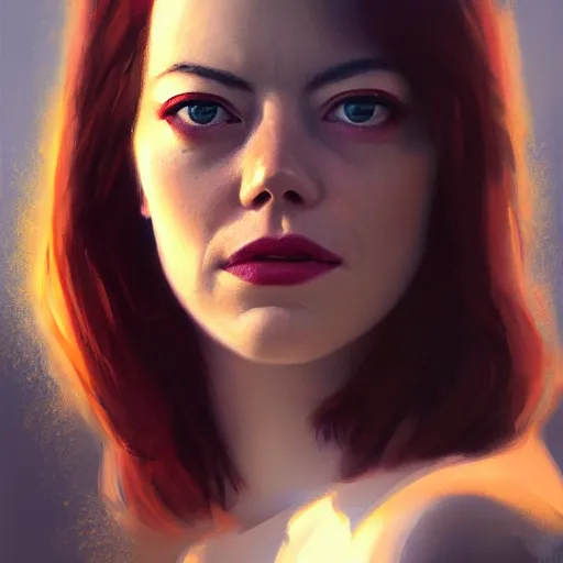 Image similar to a closeup portrait of a emma stone, dramatic light, lake background, sunset, dark, painted by stanley lau, painted by greg rutkowski, painted by stanley artgerm, digital art, trending on artstation
