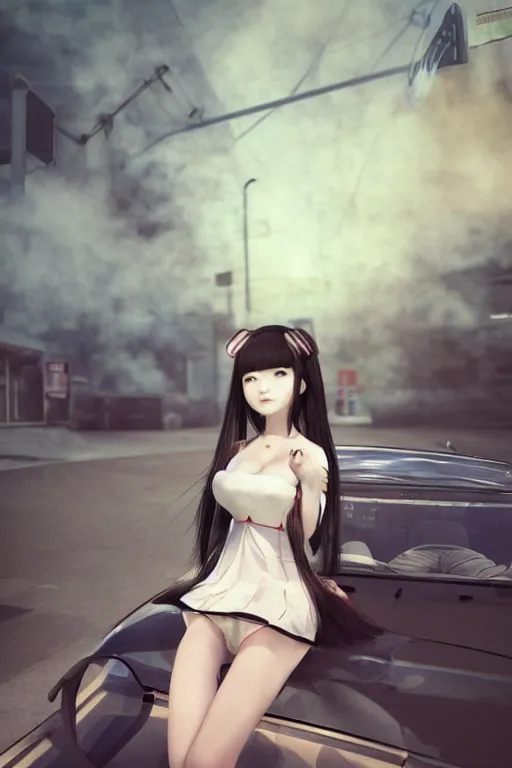 Prompt: art by D. Jun, by Mo Xiang Tong Xiu, Infrared Unreal Engine 3d dark render, cute girls in Japanese maid's clothes and smoking inside a JDM car at night in a parking lot, anime vintage colors, polaroid, foggy, smoke, steam, parov, daz 3d, octane render, trending on artstation, volumetric light, cinematic render, ultra realistic, oil painting