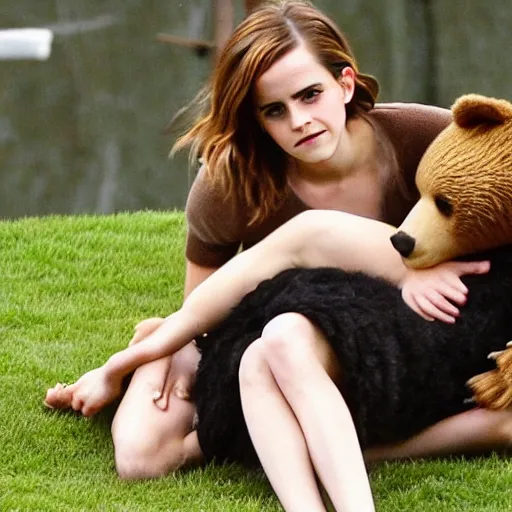 Image similar to emma watson putting a bear in a sleeper hold