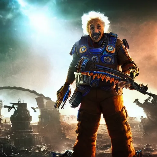 Image similar to ( ( albert einstein as willy wonka ) ) in gears of war, splash art, movie still, cinematic lighting, dramatic, octane render, long lens, shallow depth of field, bokeh, anamorphic lens flare, 8 k, hyper detailed, 3 5 mm film grain