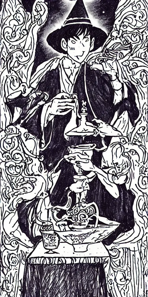 Prompt: a mystical man with a goblet on the table, wizard hat, drawn by Naoko Takeuchi, impressive line work, tarot card. tarot card the magician, psychedelic