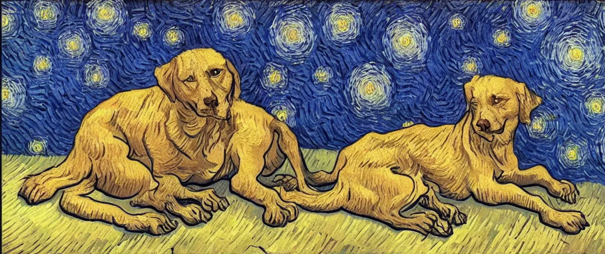 Prompt: studio portrait of a single wizened old dog in the style of the Starry Night; extremely detailed; oil painting by Vincent van Gogh