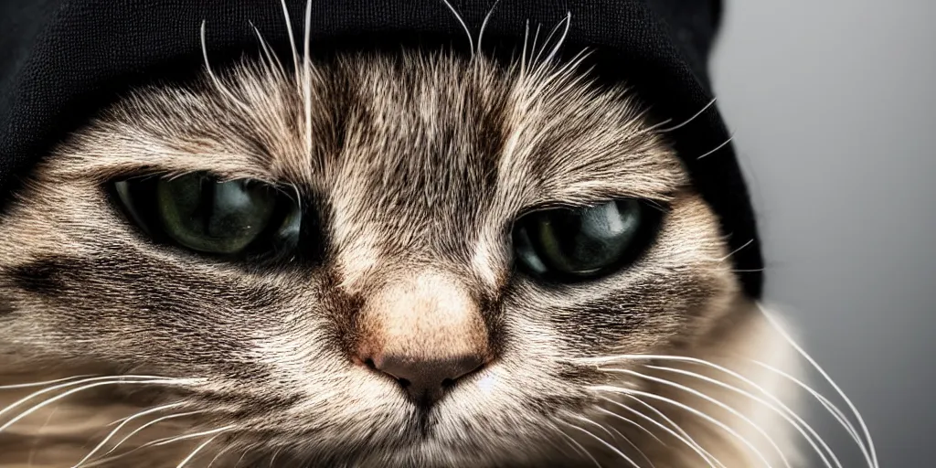 Image similar to a close up sad cat wearing a black hoodie, black hat, studio potrait, dramatic lighting, black background, highly detailed