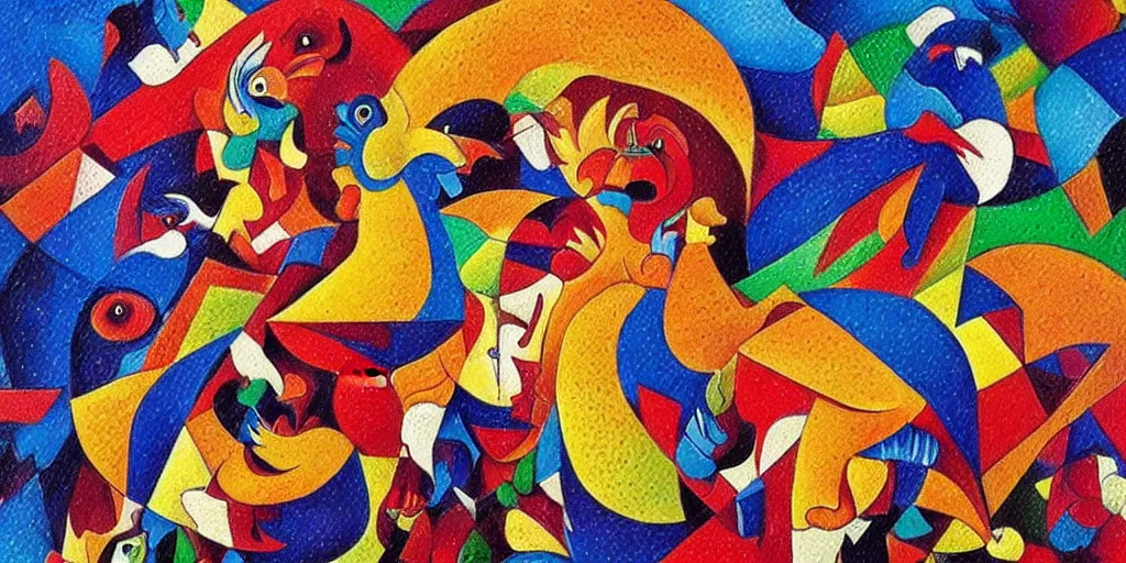 Prompt: colorful illustration of a million fighting roosters, cubism, pointillism, surreal, intricate, highly detailed, dark color scheme, golden ratio