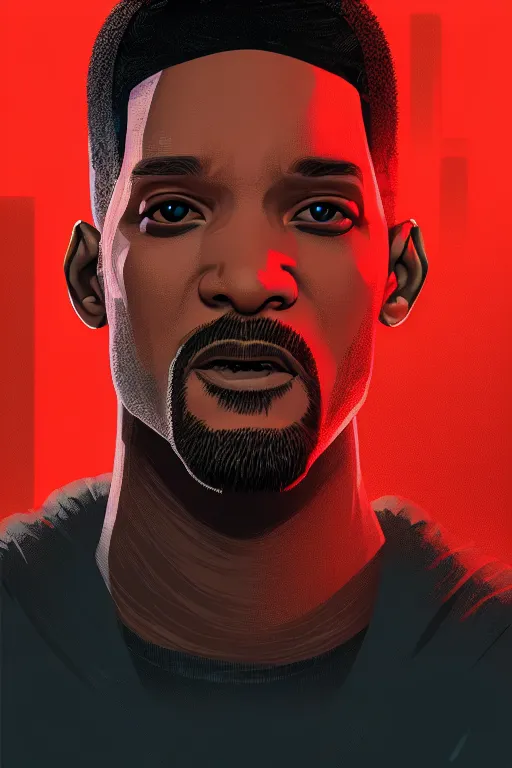 Prompt: portrait of cyberpunk will smith, grim - lighting, high - contrast, intricate, elegant, highly detailed, digital painting, artstation, concept art, smooth, sharp focus, illustration