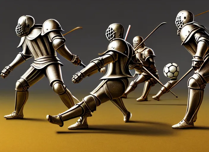 Prompt: knights in armor playing soccer ball - scull, rome, highly detailed, soft lighting, elegant, works by edward hopper, james gillard, zdislaw beksinski, stephen outram, andreas m wiese, highly detailed art by takato yamamoto, masterpiece. rendered in blender, ultra realistic, smooth shading, ultra detailed, high resolution, cinematic, unreal 6