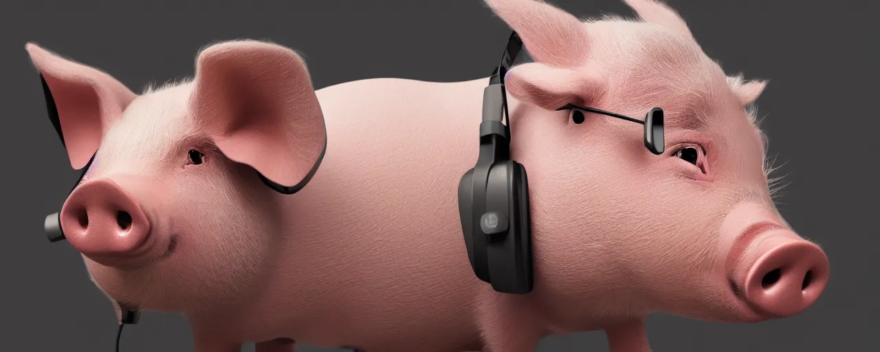 Prompt: pig with headphones. Wallpaper. Ultra HD, V-ray, Octane Render, 8k, Sharp, Detailed, Maximalism. Stunning