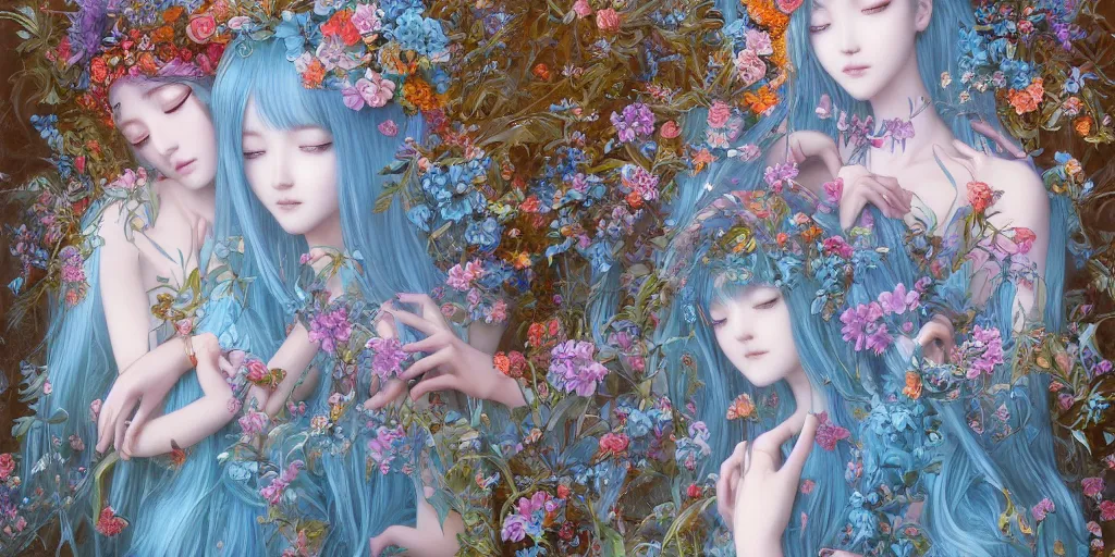 Image similar to breathtaking detailed concept art painting of the kissing goddesses of light blue flowers, orthodox saint, with anxious, piercing eyes, ornate background, amalgamation of leaves and flowers, by Hsiao-Ron Cheng, James jean, Miho Hirano, Hayao Miyazaki, extremely moody lighting, 8K