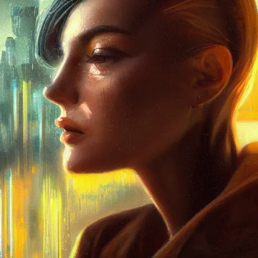 Image similar to detailed face of a woman, moment, cyberpunk cloisters, electronic billboards, tech noir, wet reflections, prism, atmospheric, ambient, pj crook, syd mead, livia prima, greg rutkowski, edward hopper