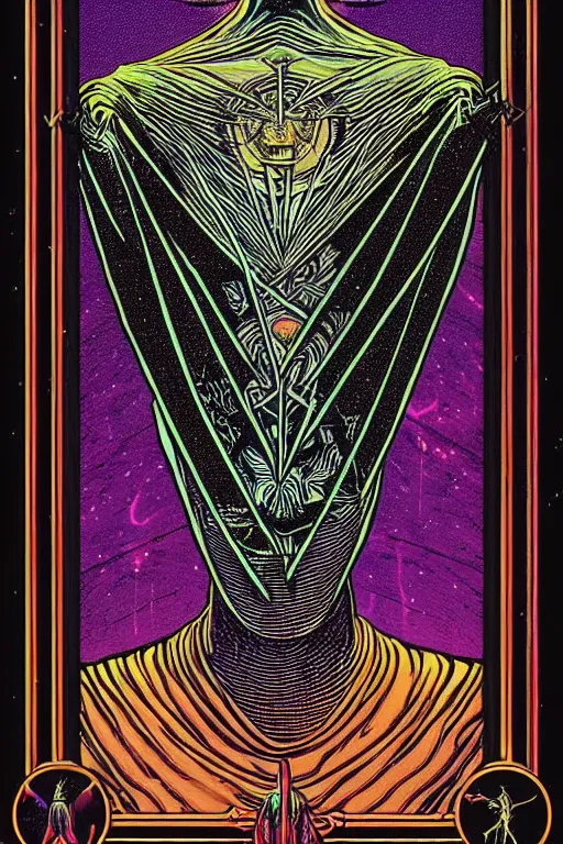 Prompt: portrait of black and psychedelic grainshading tarot card print of the ukrainian spirit of by moebius, wayne barlowe, cyberpunk comic cover art, very intricate, thick outline, full body, symmetrical face, long black crown, in a shapes background, galactic dark colors