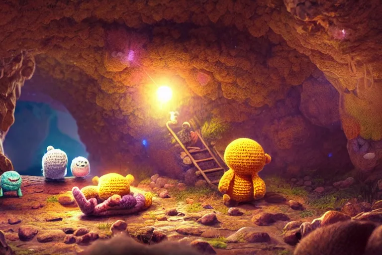 Image similar to an expedition of crochet cute animals discovering a new cave underground. cute, illustration, digital art, inspired by little big planet, by greg rutkowski, detailed, sharp, masterpiece, highly detailed, photorealistic, octane render, 8 k, unreal engine 5, trending on artstation, vivid colors