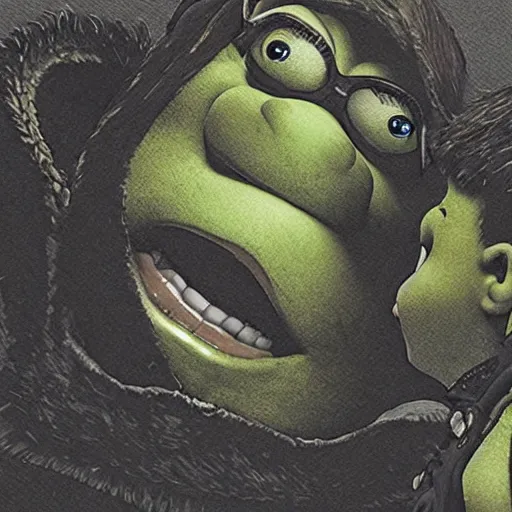 Image similar to beautiful portrait of shrek kissing a minion, concept art by yoji shinkawa, felt tip pen, intricate detail, sharp focus, illustration