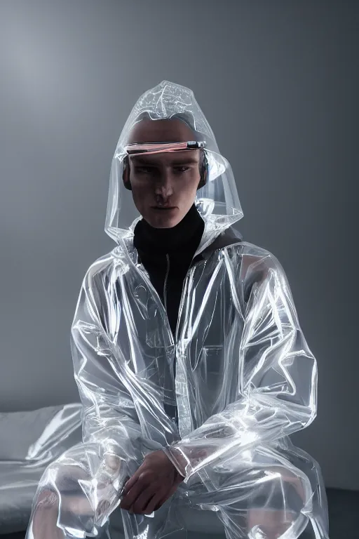 Image similar to an ultra high definition professional high fashion portrait studio full length photograph of a male model wearing a transparent pearlescent raincoat and neon visor sitting on a sofa in an icelandic black rock environment at dawn. no artefacts. extremely detailed. stark. refraction. shallow depth of field. volumetric light and shadow. ray tracing. light rays.