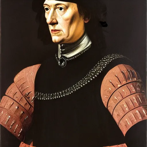 Prompt: Richard III holding a serrated dagger and looking furious. Painted by Caravaggio, high detail