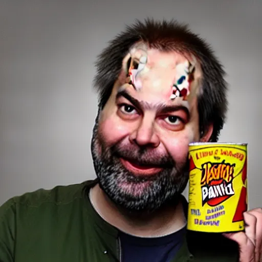 Prompt: Dan Harmon holding a Pringles can