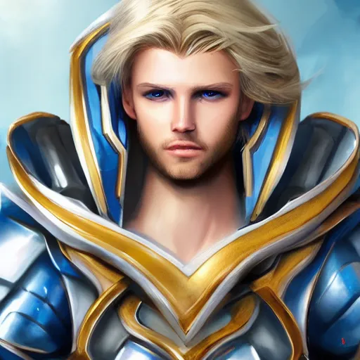 Prompt: Male Angelic being with long blonde hair and blue eyes with white and gold armor, ultra detailed, artstation, 8k, photorealistic, digital art.
