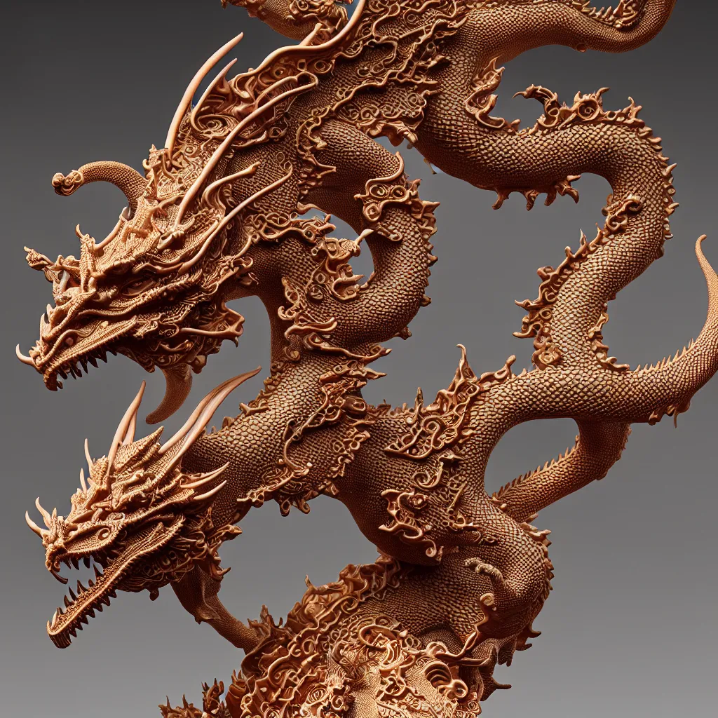 Image similar to a closeup photo - real delicate ceramic porcelain sculpture of an ornate detailed dragon in front of a intricate background by victo ngai and takato yamamoto, micro detail, backlit lighting, subsurface scattering, translucent, thin porcelain, octane renderer, colorful, physically based rendering, japanese pottery, trending on cgsociety