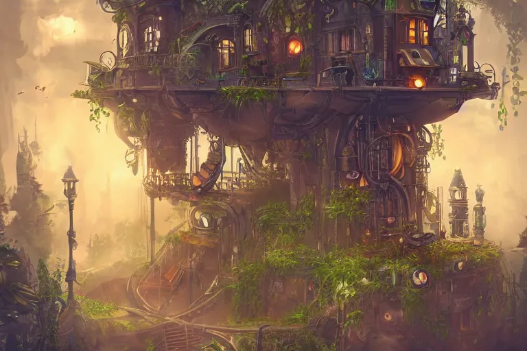 Prompt: very tidy steampunk home office overseeing a magical portal, lush plants, machines, synthesizer, beautifully lit, painting, high resolution, trending on artstation