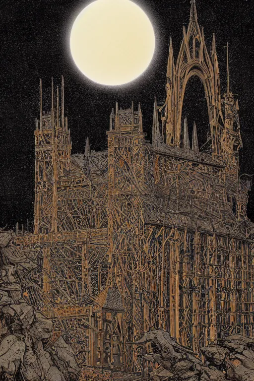 Prompt: A dramatic solar eclipse over a medieval construction site for the tallest tower in the world. masterpiece 4k digital design by Takato Yamamoto, award winning, Artstation, Takato Yamamoto aesthetic, Neo-Gothic, gothic, forest on background, intricate details, realistic, hyperdetailed, 8k resolution