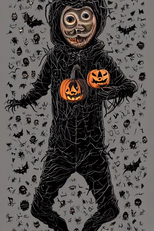 Image similar to a scarecrow with jack - o - lantern head, full body, big two toned eyes, halloween, horror, intricate details, cinematic, epic, realistic, anatomy, tomer hanuka, uplight, artstation, photorealistic, scary