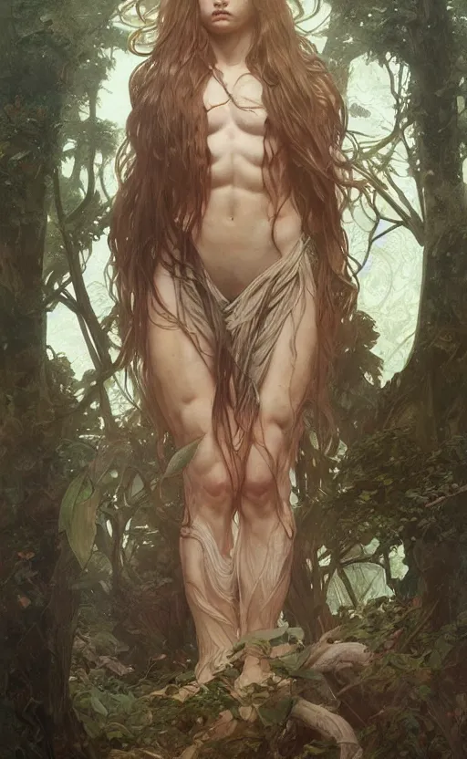 Prompt: God of the forest, pale hair, long hair, gorgeous, amazing, muscular, intricate, highly detailed, digital painting, artstation, concept art, sharp focus, illustration, art by greg rutkowski and alphonse mucha