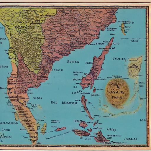 Image similar to map of mainland southeast asia, zoom in burma thailand laos cambodia and vietnam, 1 7 th century, high accuracy, fantasy, based on geographical map,