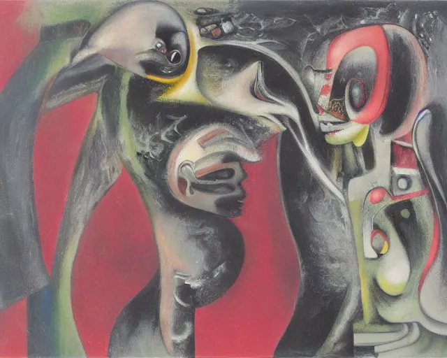 Image similar to Oil painting by Roberto Matta. Strange mechanical beings kissing. Portrait by Yoshitomo Nara.